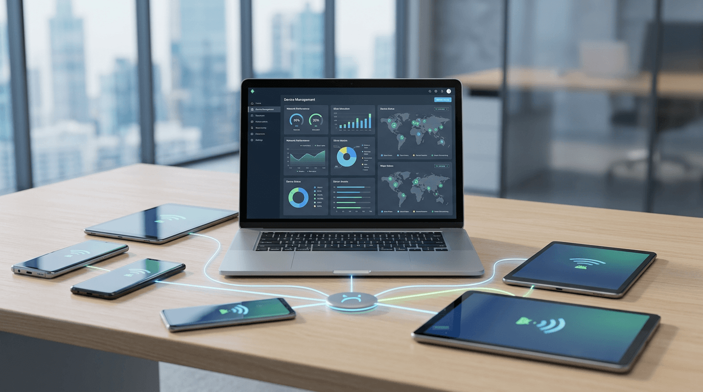 A clean workspace showing a laptop with a device management dashboard, surrounded by several Android devices being wirelessly configured, soft ambient lighting