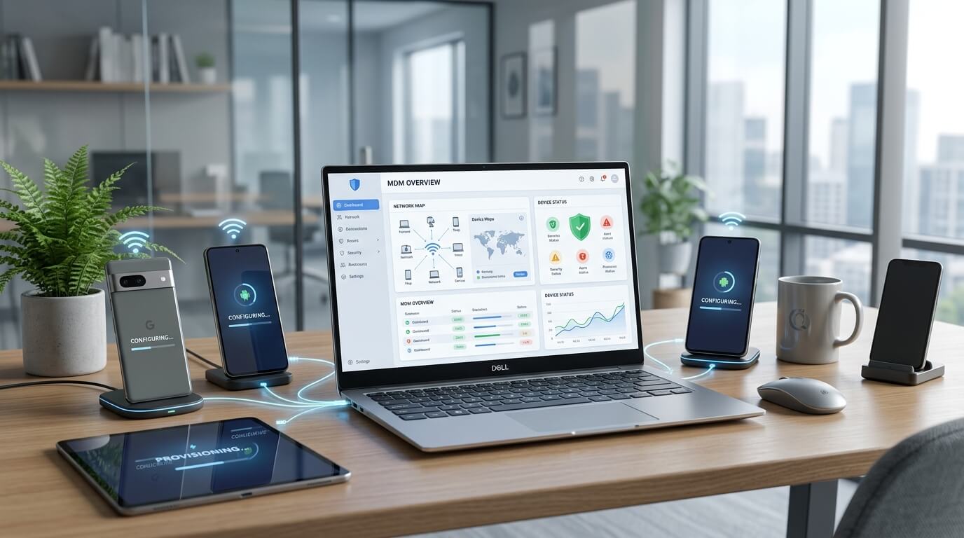 A clean workspace showing a laptop with a device management dashboard, surrounded by several Android devices being wirelessly configured, soft ambient lighting