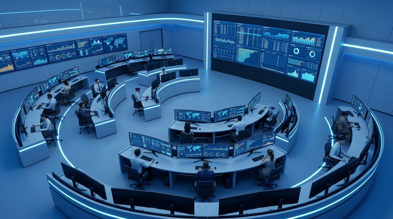 An aerial view of a modern IT operations center with multiple screens displaying device fleet analytics, a calm blue-toned environment conveying control and oversight