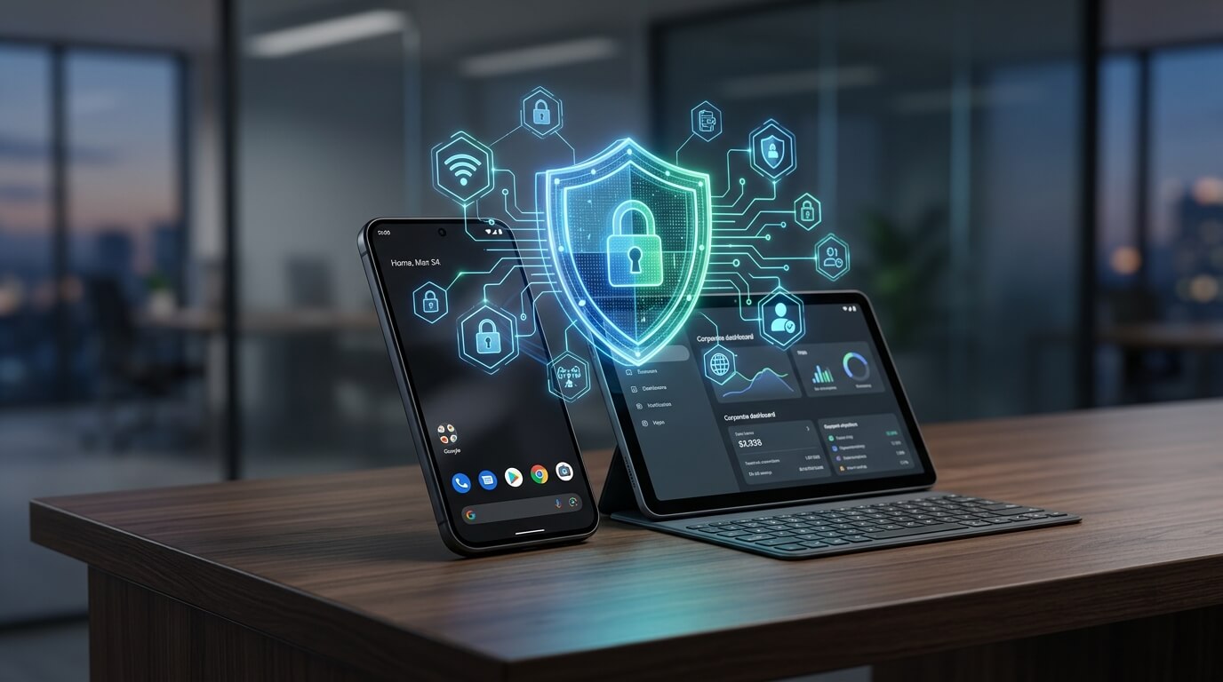 A cinematic close-up of a sleek Android smartphone and tablet on a minimalist desk, with holographic security shield icons floating above them, representing enterprise device protection for Why MDM Platforms Are the New Prime Target for Cyberattacks in 2026
