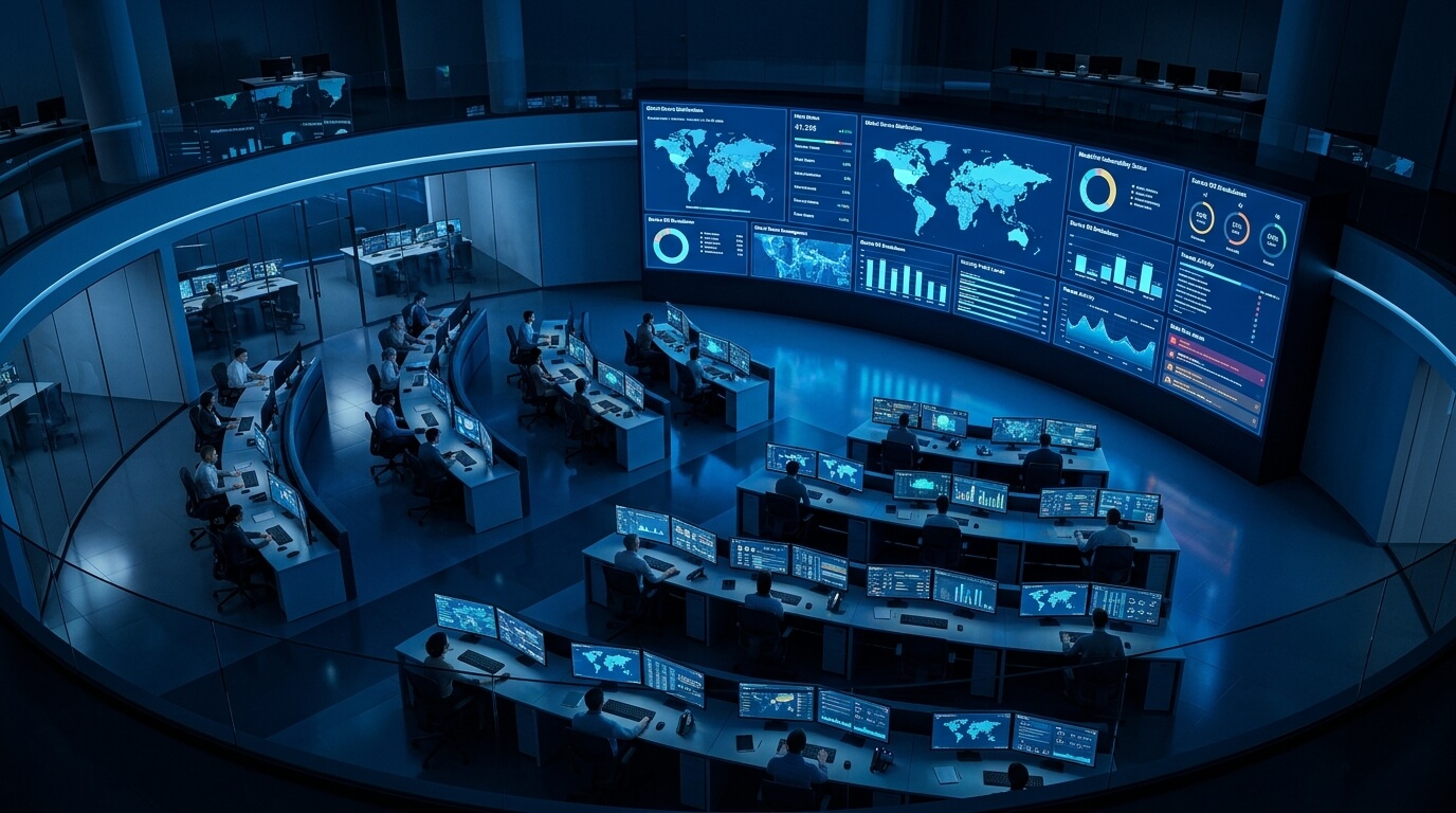 An aerial view of a modern IT operations center with multiple screens displaying device fleet analytics, a calm blue-toned environment conveying control and oversight