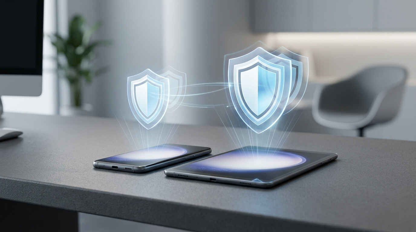A cinematic close-up of a sleek Android smartphone and tablet on a minimalist desk, with holographic security shield icons floating above them, representing enterprise device protection for MediaTek Lock Screen Bypass Flaw Widens: How to Protect Your Android Fleet