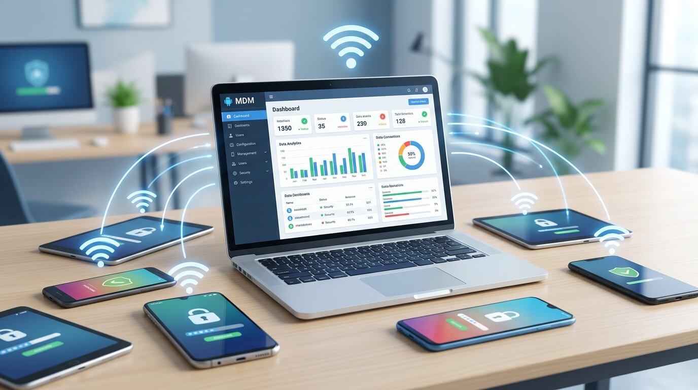 A clean workspace showing a laptop with a device management dashboard, surrounded by several Android devices being wirelessly configured, soft ambient lighting