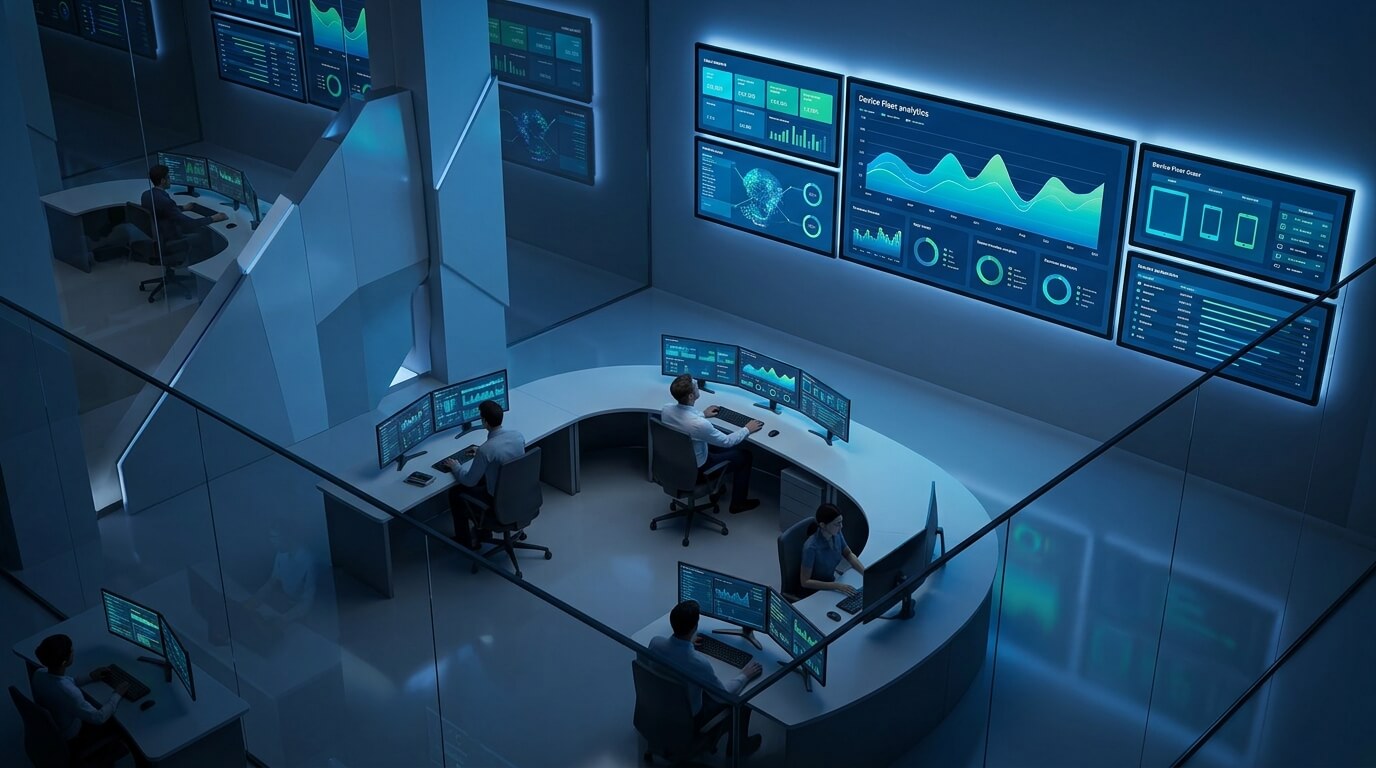 An aerial view of a modern IT operations center with multiple screens displaying device fleet analytics, a calm blue-toned environment conveying control and oversight