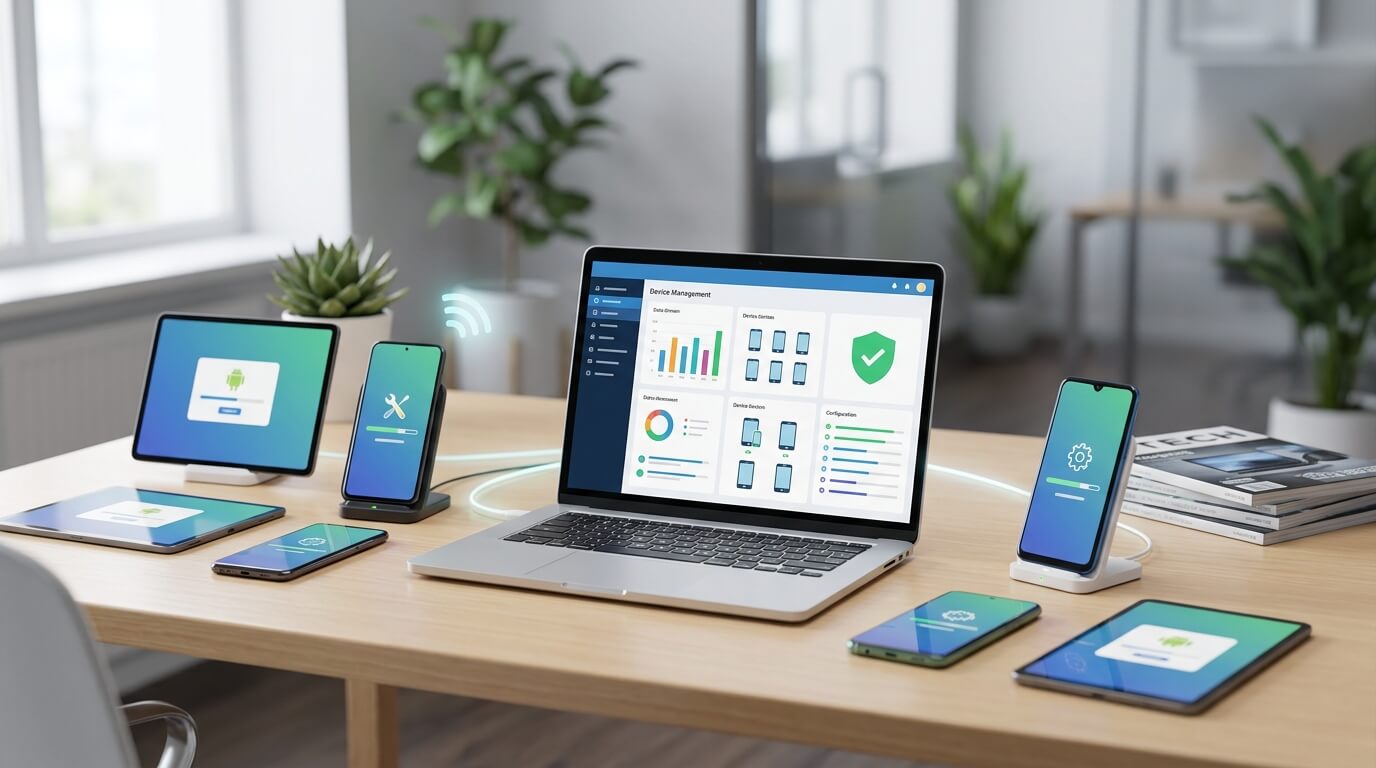 A clean workspace showing a laptop with a device management dashboard, surrounded by several Android devices being wirelessly configured, soft ambient lighting