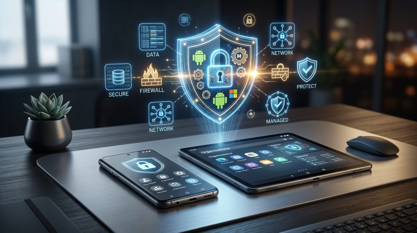 A cinematic close-up of a sleek Android smartphone and tablet on a minimalist desk, with holographic security shield icons floating above them, representing enterprise device protection for CVE-2026-0385: Securing Microsoft Edge on Your Android Enterprise Devices