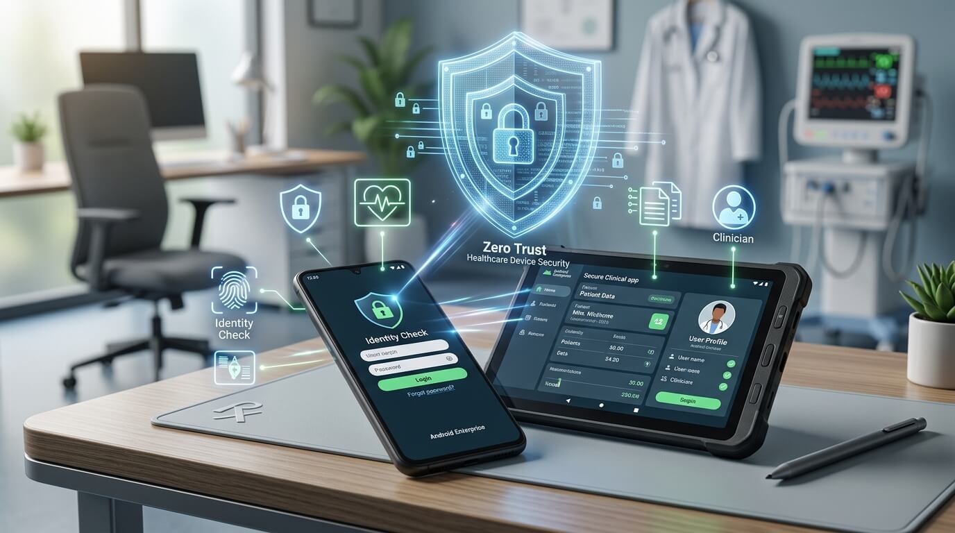 A cinematic close-up of a sleek Android smartphone and tablet on a minimalist desk, with holographic security shield icons floating above them, representing enterprise device protection for Zero Trust in Healthcare: Leveraging Android 16's 'Identity Check' for Shared Clinical Devices