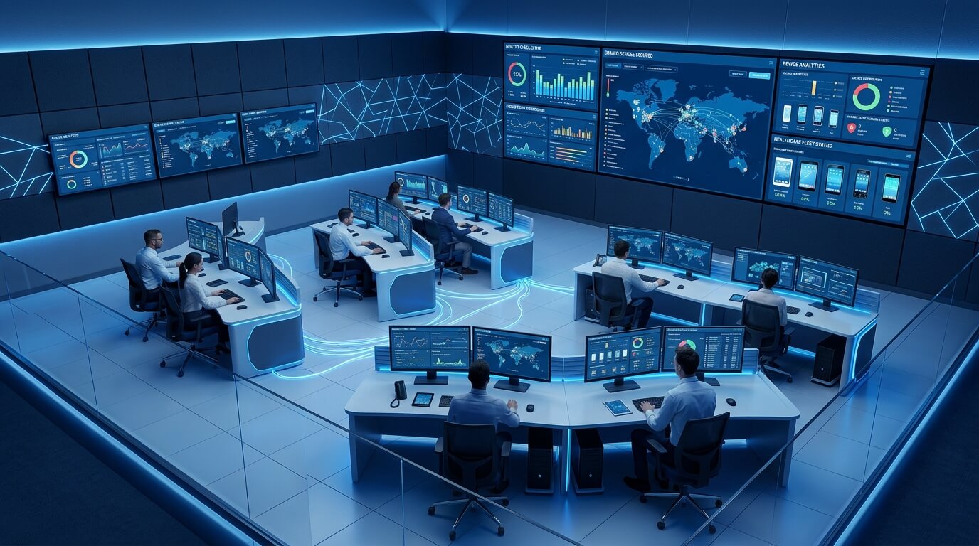 An aerial view of a modern IT operations center with multiple screens displaying device fleet analytics, a calm blue-toned environment conveying control and oversight