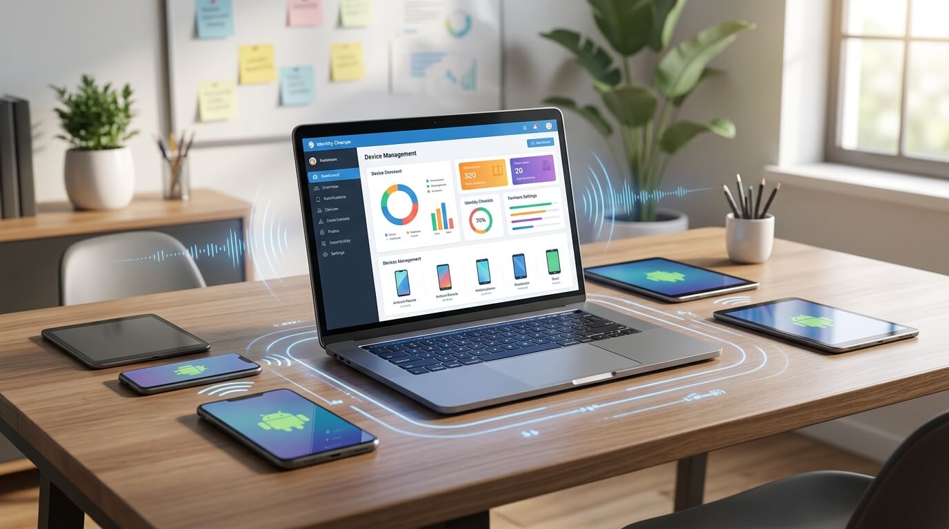 A clean workspace showing a laptop with a device management dashboard, surrounded by several Android devices being wirelessly configured, soft ambient lighting
