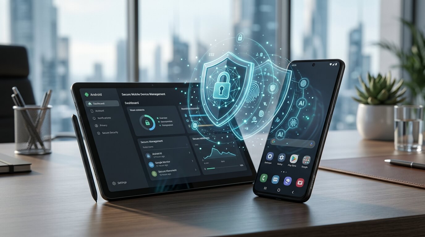 A cinematic close-up of a sleek Android smartphone and tablet on a minimalist desk, with holographic security shield icons floating above them, representing enterprise device protection for Beyond Automation: How Agentic AI is Reshaping Android Enterprise Mobility in 2026