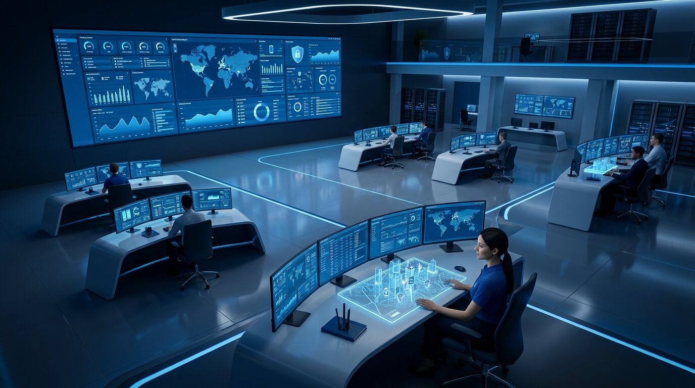 An aerial view of a modern IT operations center with multiple screens displaying device fleet analytics, a calm blue-toned environment conveying control and oversight