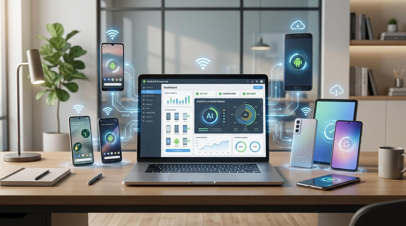 A clean workspace showing a laptop with a device management dashboard, surrounded by several Android devices being wirelessly configured, soft ambient lighting