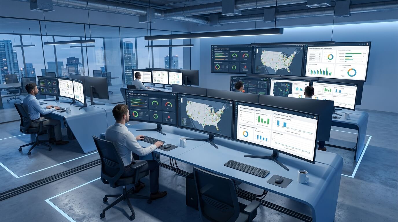 An aerial view of a modern IT operations center with multiple screens displaying device fleet analytics and dashboards related to How to Lock Down Retail POS Systems Using Nomid MDM and Android Enterprise Kiosk Mode, a calm blue-toned environment conveying control and oversight