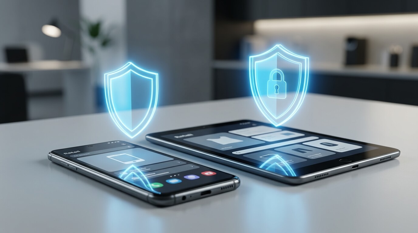 A cinematic close-up of a sleek Android smartphone and tablet on a minimalist desk, with holographic security shield icons floating above them, representing enterprise device protection for How to Lock Down Retail POS Systems Using Nomid MDM and Android Enterprise Kiosk Mode