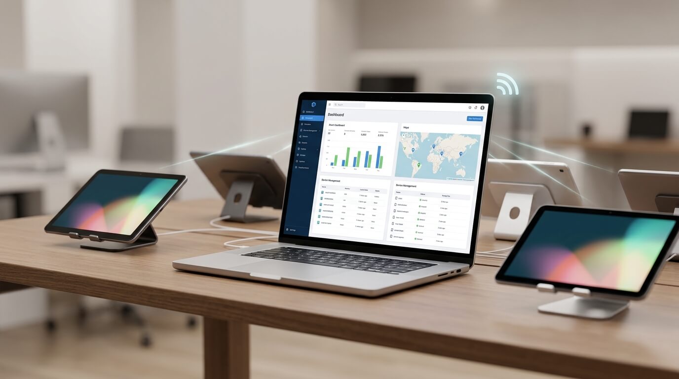 A clean workspace showing a laptop with a management dashboard for How to Lock Down Retail POS Systems Using Nomid MDM and Android Enterprise Kiosk Mode, surrounded by several Android devices being wirelessly configured, soft ambient lighting