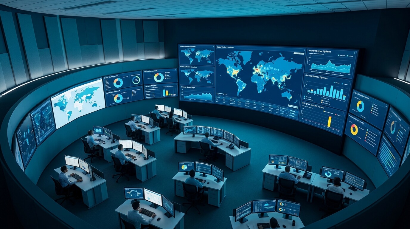 An aerial view of a modern IT operations center with multiple screens displaying device fleet analytics and dashboards related to The 1 Billion Device Threat: Why Enforcing Android OS Updates is Critical for Enterprise Security, a calm blue-toned environment conveying control and oversight