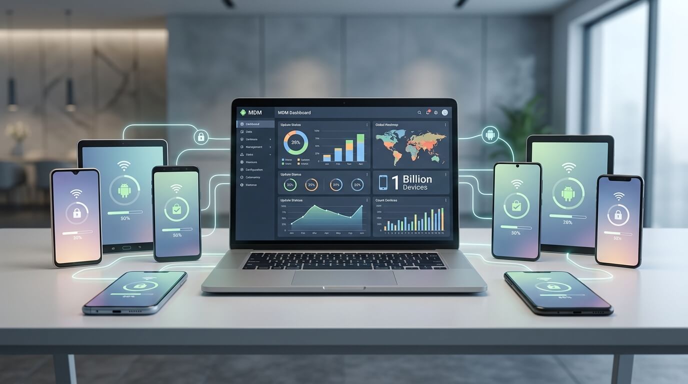A clean workspace showing a laptop with a management dashboard for The 1 Billion Device Threat: Why Enforcing Android OS Updates is Critical for Enterprise Security, surrounded by several Android devices being wirelessly configured, soft ambient lighting