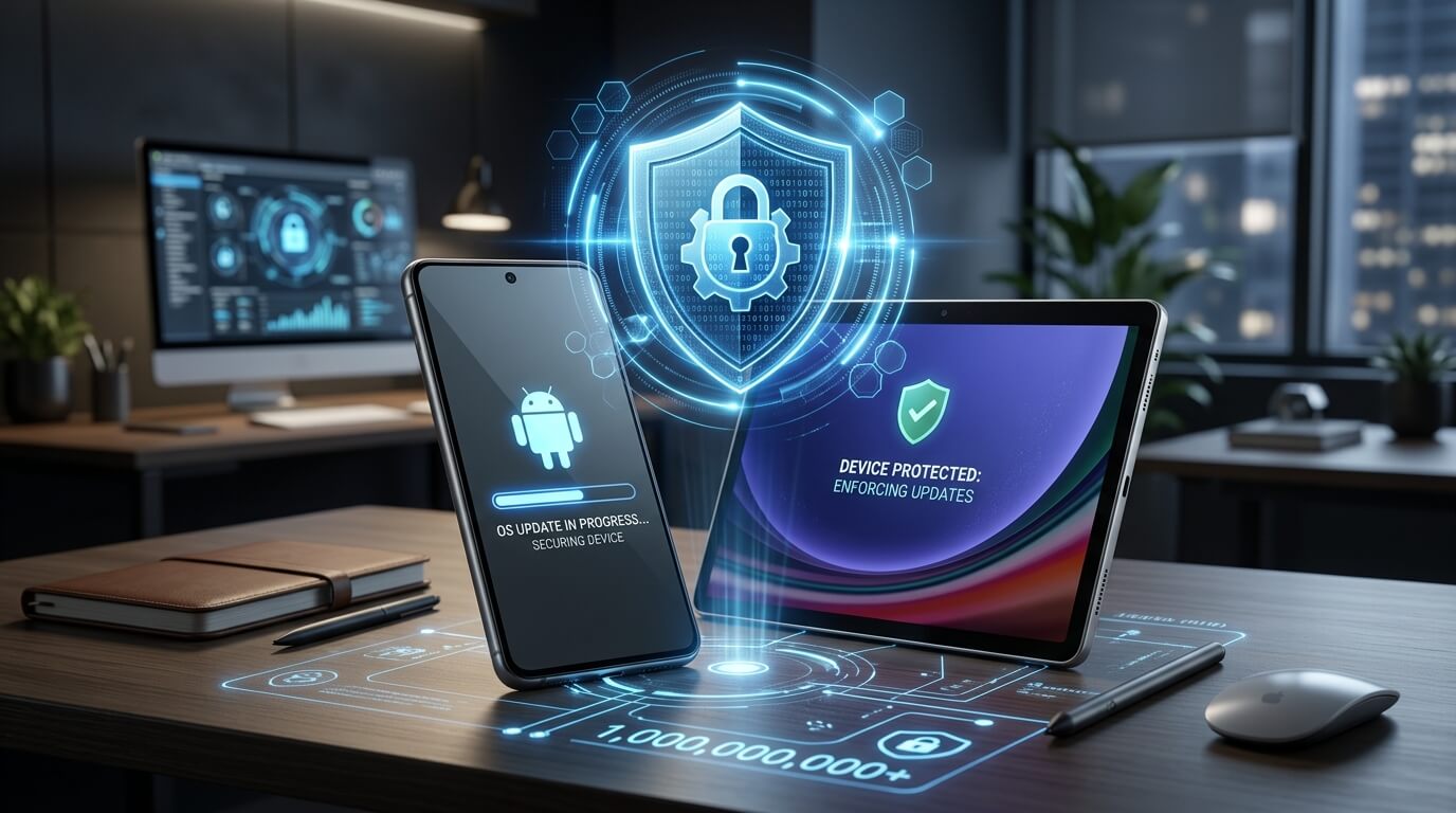 A cinematic close-up of a sleek Android smartphone and tablet on a minimalist desk, with holographic security shield icons floating above them, representing enterprise device protection for The 1 Billion Device Threat: Why Enforcing Android OS Updates is Critical for Enterprise Security