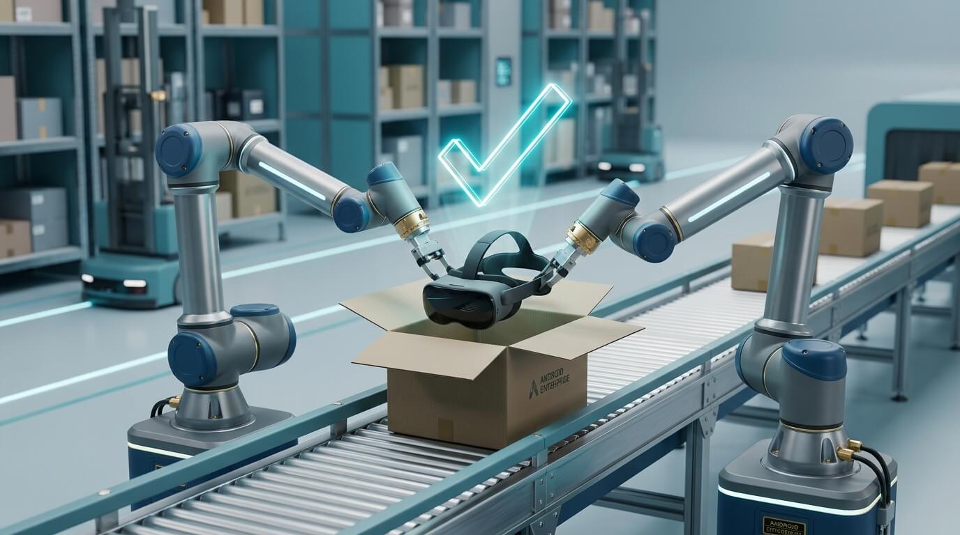 A detailed 3D render of a futuristic logistics warehouse environment. In the foreground, a pair of robotic arms are delicately placing a mixed reality headset into a shipping box on a clean, automated conveyor belt. A holographic digital checkmark hovers above the box, symbolizing automated zero-touch provisioning. The background features softly blurred warehouse shelving and automated guided vehicles. No text in the image.