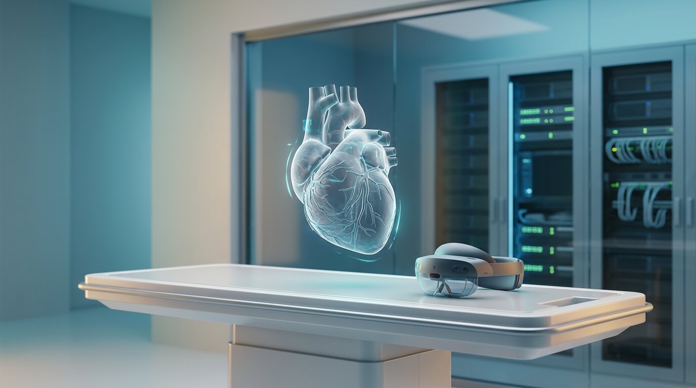 A sophisticated 3D render of a modern, sterile healthcare training room. In the center, a highly detailed translucent holographic human heart floats above a medical table. A sleek mixed reality headset rests on the table next to the hologram. In the blurred background, secure IT server cabinets are visible through a glass wall, illustrating the intersection of advanced medical visualization and secure data management. No text in the image.