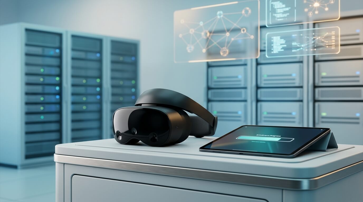 A sophisticated 3D render of a clean, brightly lit modern IT deployment center. In the foreground, a sleek, unbranded mixed reality headset rests on a minimalist testing bench next to a tablet displaying an enrollment progress bar. The background subtly features blurred server racks and digital floating panels showing network nodes, emphasizing the integration of physical hardware and cloud-based device management. No text in the image.