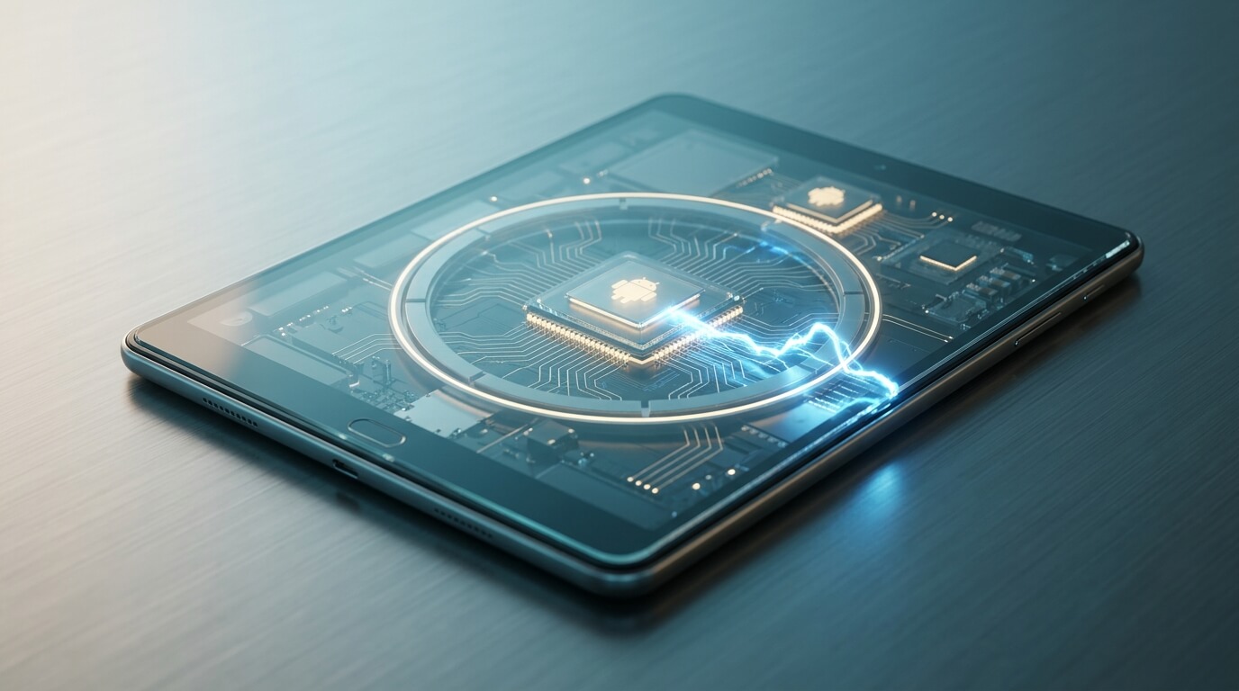 A close-up 3D render of a modern Android tablet resting on a metallic industrial surface. Inside the translucent glass of the tablet, glowing microchips and neural pathways are visible, with a distinct, unauthorized blue energy pulse attempting to bypass a rigid, glowing security perimeter ring. Cinematic depth of field. No text.