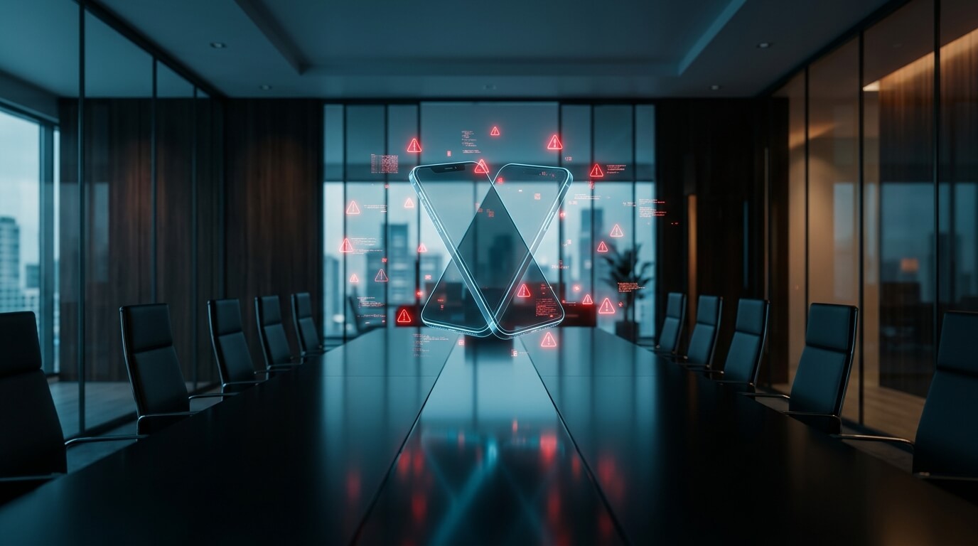A sophisticated 3D render of a sleek, dark-themed corporate boardroom where a holographic projection of a smartphone floats above the table, surrounded by glowing red warning nodes indicating unauthorized local AI processing. The environment is high-tech, cinematic lighting, emphasizing endpoint security threats. No text.