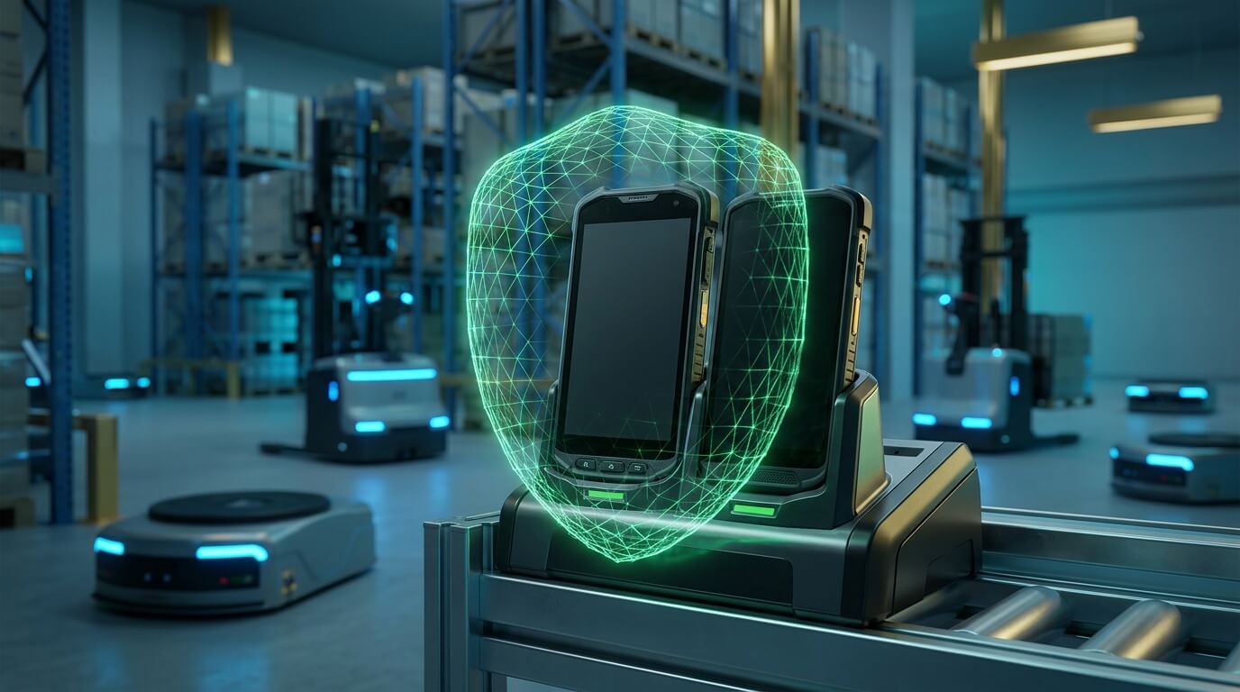 A highly detailed 3D render of a futuristic logistics warehouse environment. In the foreground, a rugged enterprise mobile device is locked securely in a high-tech charging cradle, surrounded by a glowing green digital shield representing MDM lockdown policies, while automated robotic forklifts blur in the background. No text.