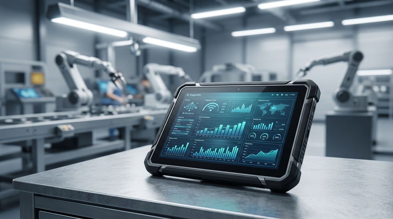 A highly detailed 3D render of a modern manufacturing floor. In the foreground, a ruggedized Android tablet rests on a metallic workstation, displaying a complex diagnostic dashboard. The background shows blurred robotic assembly arms under bright, industrial LED lighting. Professional, photorealistic, no text.