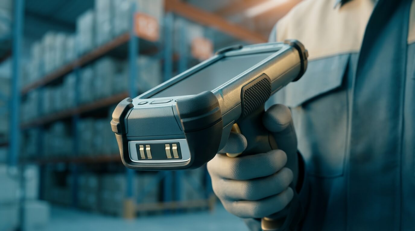 A photorealistic 3D render of a rugged Android barcode scanner being inspected by a warehouse technician. The camera focuses closely on the scanner's reinforced rubber corners and clean charging contacts. The background features towering warehouse racks with soft depth of field. High-end, corporate tech style, no text.