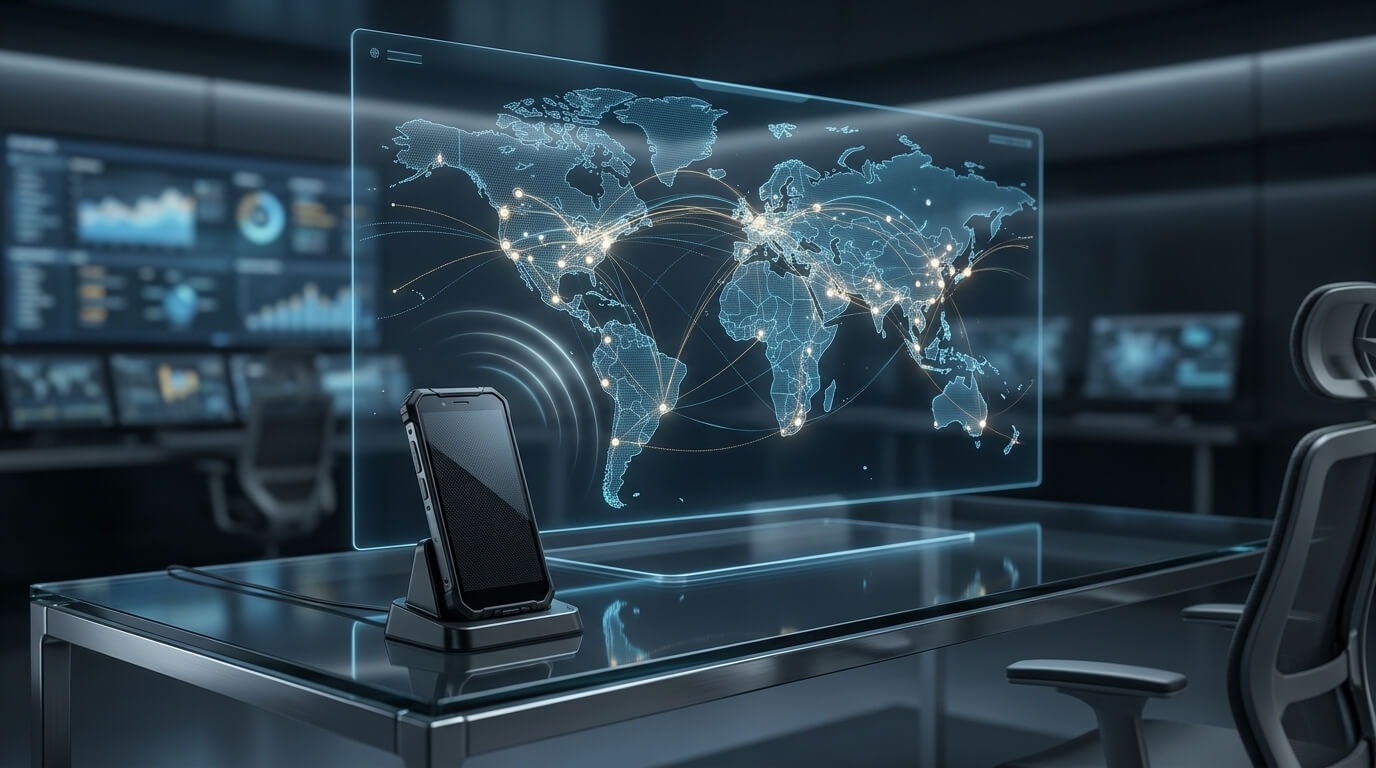 A sophisticated 3D render showing a global command center for device management. A glowing, holographic map of a supply chain floats above a sleek desk, with lines connecting various manufacturing plants. A rugged smartphone sits in the foreground, syncing data wirelessly. Cinematic lighting, corporate aesthetic, no text.