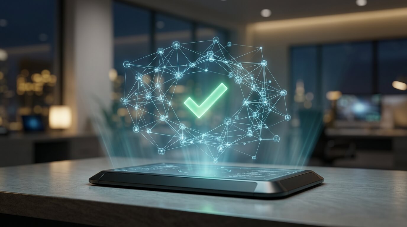 A highly detailed 3D render of an IT administrator's desk featuring a futuristic holographic display showing interconnected nodes and a green checkmark, illustrating successful zero-touch deployment and compliance monitoring.