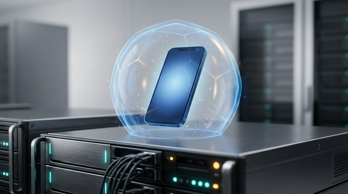 A sleek 3D render of a glowing smartphone shielded by a translucent blue forcefield, resting on a modern corporate server rack, symbolizing tamper-proof mobile threat defense in a secure enterprise environment.