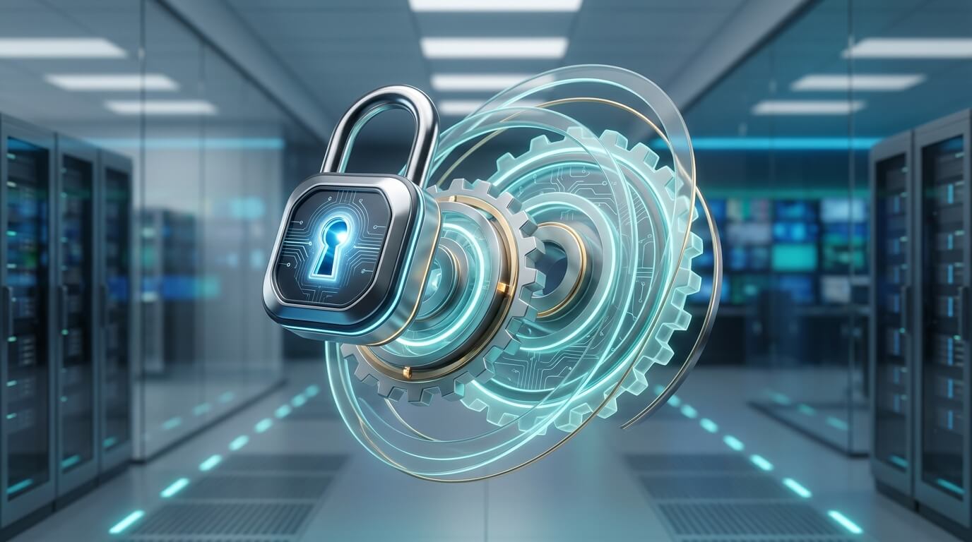 A sophisticated 3D render of a floating digital padlock interlocking with overlapping glowing gears, representing role-based privileges and seamless MDM integration in a high-tech control room setting.