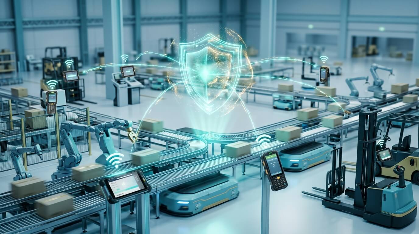 3D render of a futuristic logistics warehouse where a fleet of rugged barcode scanners and tablets are simultaneously receiving a glowing over-the-air update from a central, floating holographic shield. The environment is high-tech, clean, with motion blur on conveyor belts to show uninterrupted operations. Isometric perspective.