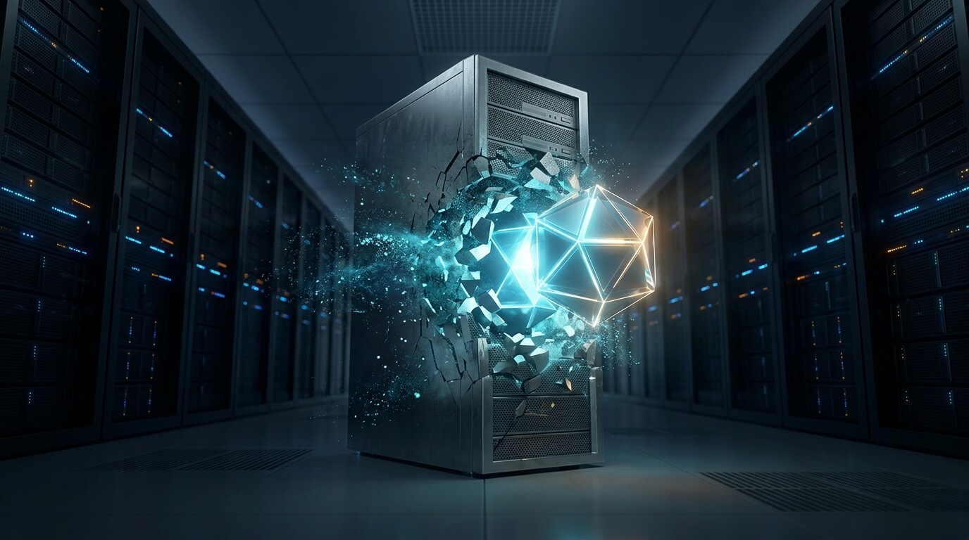 3D render of a monolithic, outdated server tower crumbling into glowing digital dust, making way for a sleek, unified, glowing geometric core representing AMAPI. Dark corporate data center background with neon blue and amber accents, dramatic cinematic lighting, wide angle shot.
