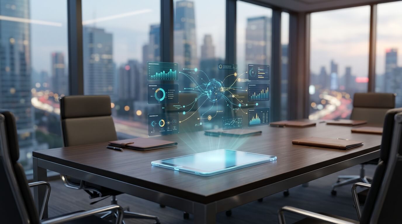 3D render of a modern executive boardroom table where a glowing, translucent tablet sits at the center, projecting a unified, streamlined dashboard of global device fleets. The background features blurred city lights through floor-to-ceiling windows. Professional, authoritative, low-angle shot.