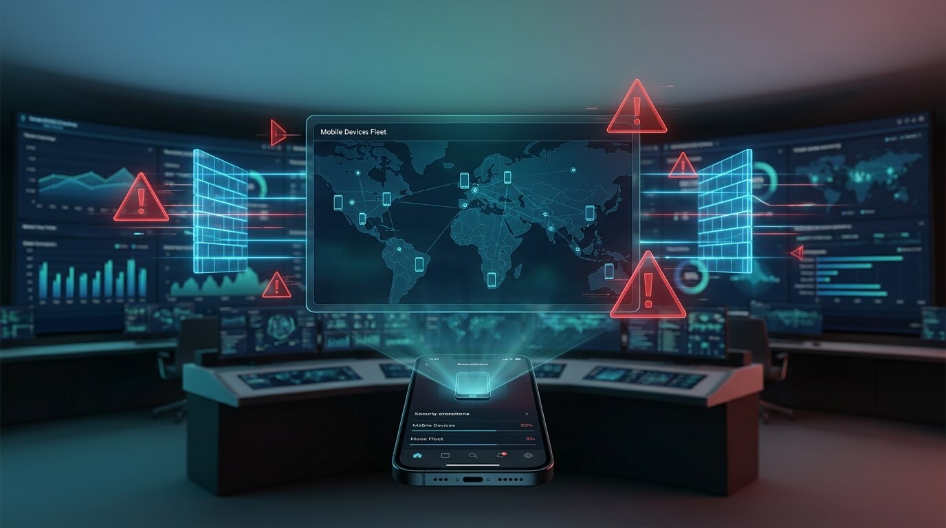 A sophisticated 3D render of a sleek, dark-themed corporate security operations center. In the foreground, a glowing holographic projection of a smartphone is surrounded by floating red geometric warning signs, symbolizing undetected malware bypassing traditional firewalls. The camera angle is low and dynamic, emphasizing the scale of the enterprise threat.