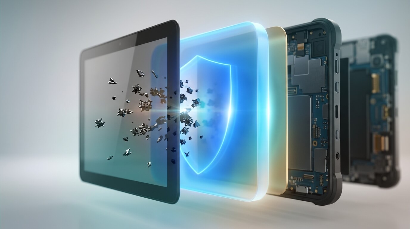 A detailed 3D render showing a cross-section of a rugged enterprise tablet used in logistics. The internal layers of the device are visually separated, with a glowing blue shield layer representing Samsung Knox hardware-level security actively blocking a swarm of microscopic, dark metallic particles trying to penetrate the screen's touch interface. Professional, clean lighting.