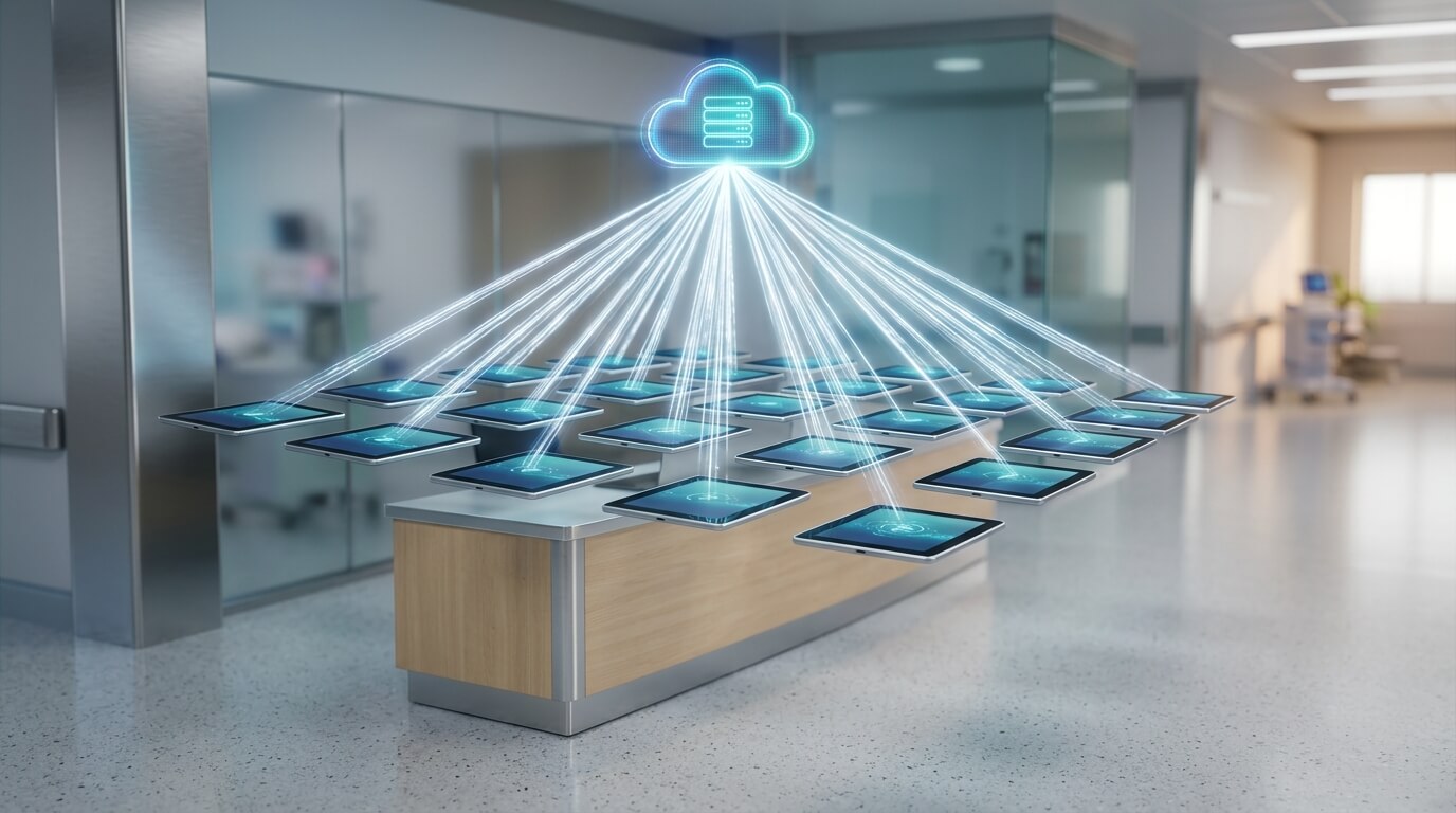 A high-end 3D render illustrating Zero-Touch Enrollment in a healthcare setting. A fleet of pristine medical tablets floats in a perfect, synchronized grid above a hospital administration desk. Beams of pure white light connect them to a central, secure cloud server, representing instant, secure deployment without manual intervention. Depth of field blurs the background.