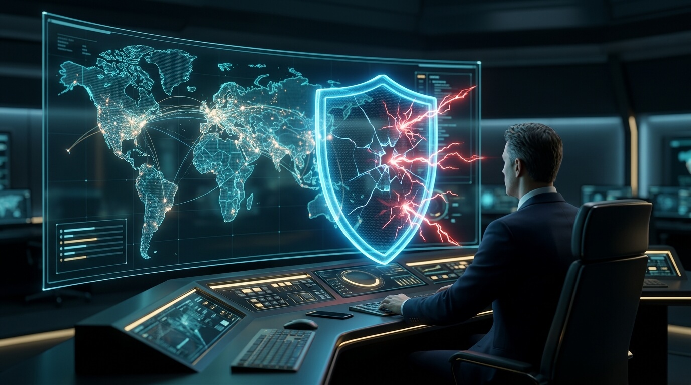 A high-end 3D render of an executive IT command center featuring a massive, curved holographic display showing a global map of interconnected Android Enterprise fleets; a thick, glowing blue energy shield representing Zero Trust architecture actively deflects incoming jagged red algorithmic attacks, captured from an over-the-shoulder perspective of a seated Chief Information Security Officer.