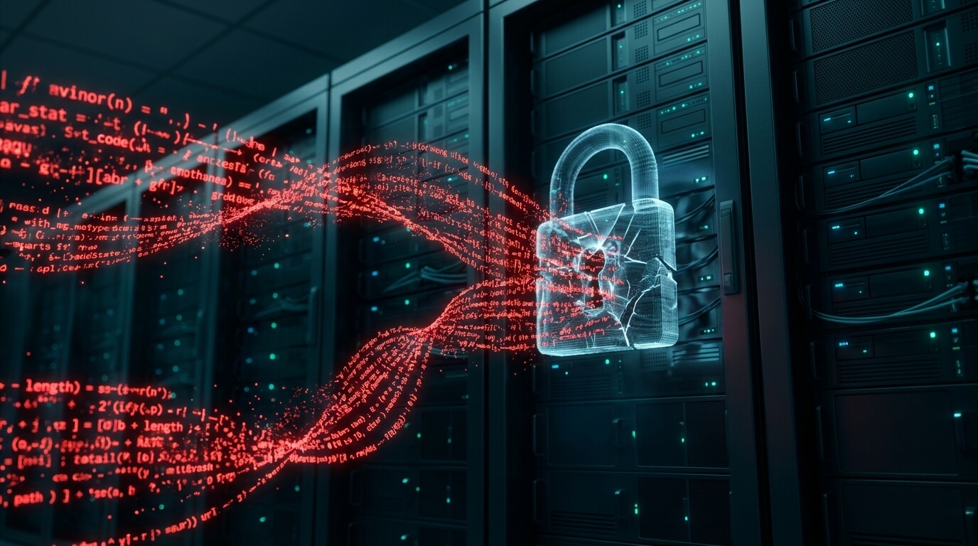 A sophisticated 3D render of a futuristic, dimly lit enterprise server room where glowing red digital code streams, representing an AI-generated zero-day exploit, aggressively weave through the air and bypass a shattered, holographic padlock symbolizing legacy 2FA, all viewed from a dramatic, low-angle perspective.