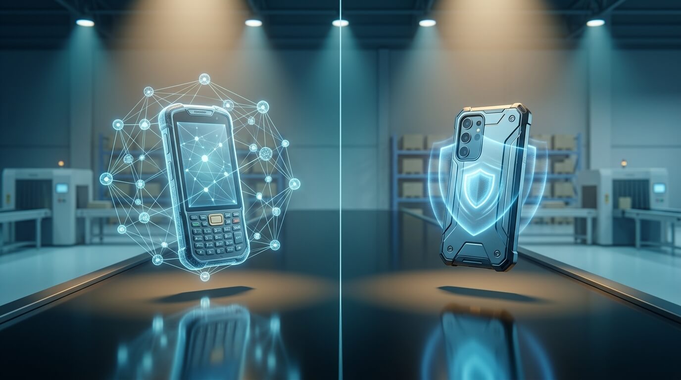 A detailed 3D render of a split-screen conceptual environment. On the left, a holographic projection of a generic, ruggedized mobile computer with floating, interconnected nodes representing a universal network. On the right, a stylized, armor-plated smartphone emitting a faint blue, shield-like aura from its core, representing hardware-level security. Both devices hover above a dark, reflective logistics sorting table, lit by dramatic overhead spotlights.