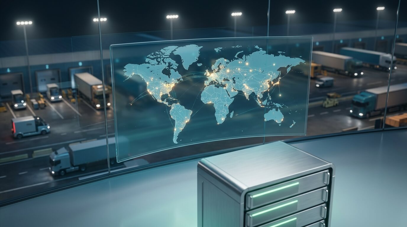 A professional 3D render of a futuristic IT command center overlooking a busy loading dock. A massive, curved, transparent glass monitor displays a unified global map with glowing pings indicating active device fleets across multiple transport routes. In the foreground, a sleek, minimalist server rack pulses with soft green lights, symbolizing seamless integration and centralized control over diverse hardware ecosystems.