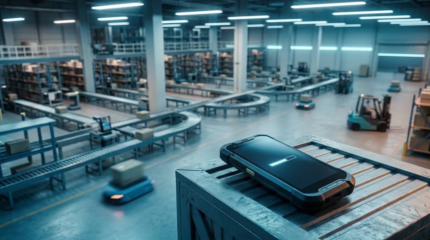 A sophisticated 3D render of a sprawling, modern logistics warehouse viewed from an elevated angle. In the foreground, a sleek, rugged Android barcode scanner rests on a polished metal shipping crate, its screen displaying a loading progress bar. The background shows automated conveyor belts and blurred motion of forklifts under bright, cool-toned LED lighting, conveying speed and scale without any text.