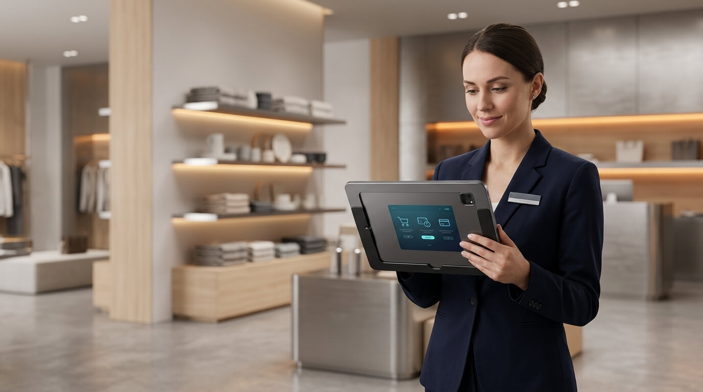 3D render of a sleek, modern retail store environment where a store associate is holding an Android tablet mPOS device securely locked into a branded checkout screen, soft lighting, professional enterprise aesthetic, no text.