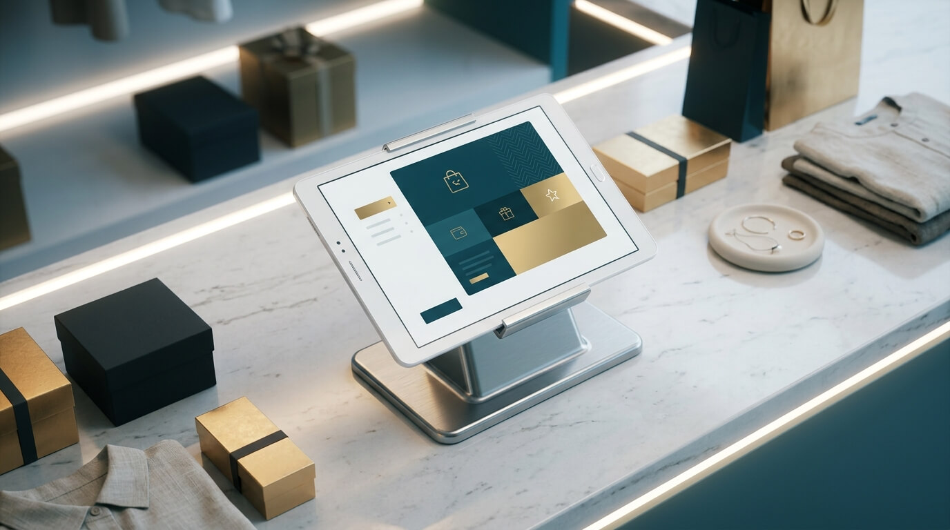 3D render of a high-end boutique checkout counter from a top-down angled perspective, showing a locked-down Android mPOS tablet displaying a minimalist, branded loyalty interface, surrounded by premium retail packaging, clean and modern lighting, no text.