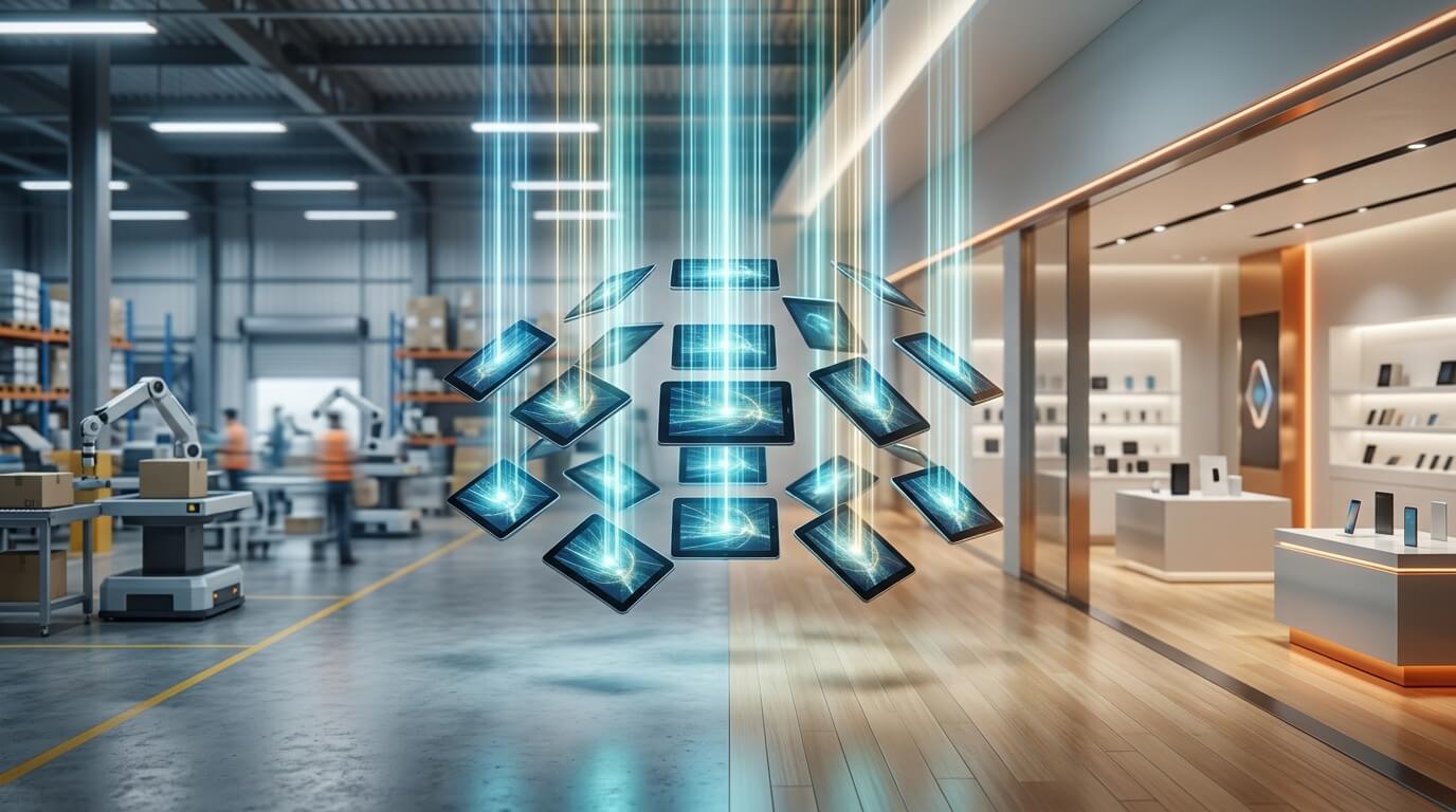 3D render of a busy warehouse receiving dock seamlessly transitioning into a bright retail storefront, showcasing a fleet of identical Android tablets hovering in mid-air being automatically configured via cloud beams, representing Zero-Touch deployment, sophisticated corporate styling, no text.