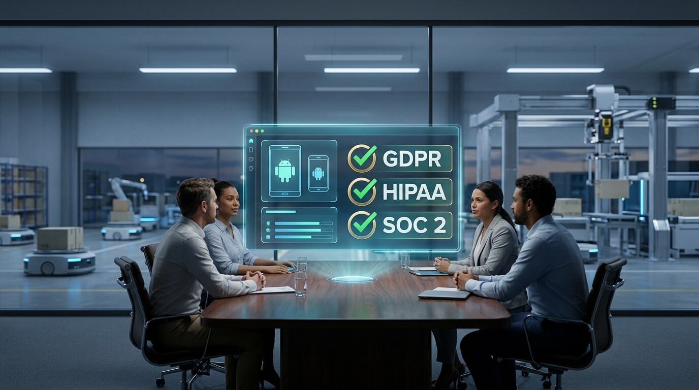 A professional 3D render of a glass-walled corporate boardroom overlooking a highly automated logistics hub, featuring a glowing holographic compliance dashboard floating above the conference table, displaying green checkmarks next to GDPR, HIPAA, and SOC 2 acronyms alongside stylized Android device icons.