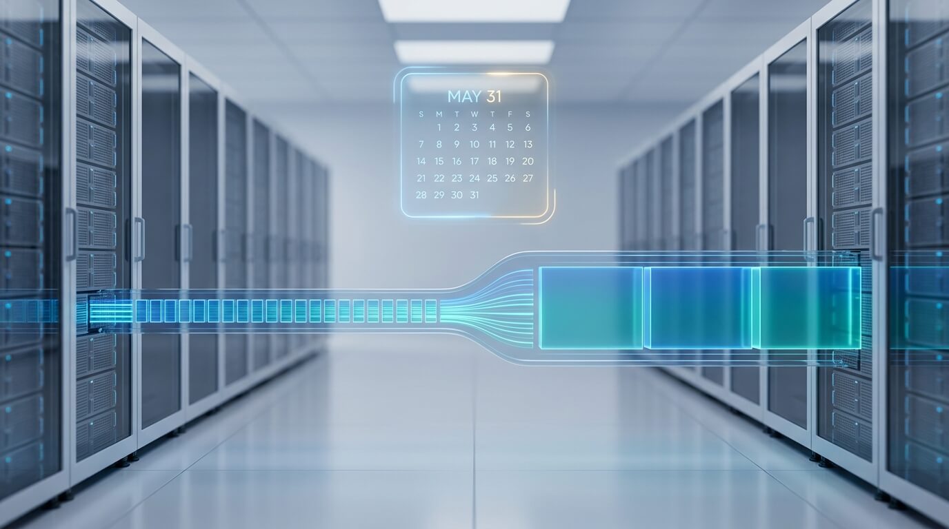 A sophisticated 3D render of a futuristic server room where glowing data streams transition from narrow 4KB blocks to wider 16KB blocks, symbolizing the memory architecture upgrade, with a subtle holographic calendar marking May 31 floating above the hardware.